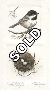 a diptych etchings of a chickadee and a corresponding nest