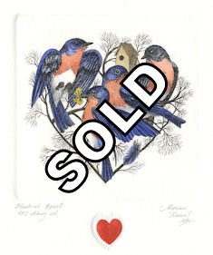 original etching with several bluebirds gathered in the shape of  a heart