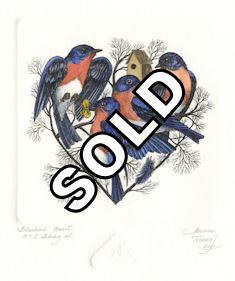 original etching with several bluebirds gathered in the shape of  a heart