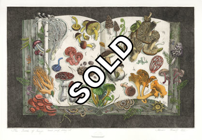 etching of a book that opens up to various mushrooms