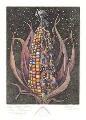 A corn cob that is half taken over by urbanization