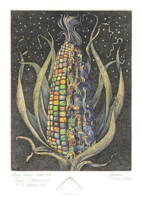 A corn cob that is half taken over by urbanization