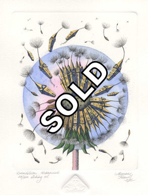 an etching of a dandelion that has become urbanized