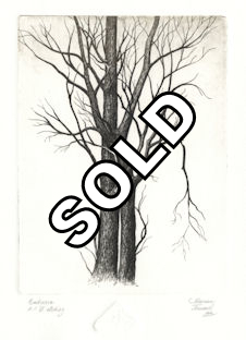 etching of two trees that are embracing each other