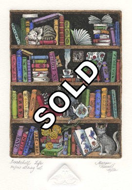 a bookcase that is holding books and cats