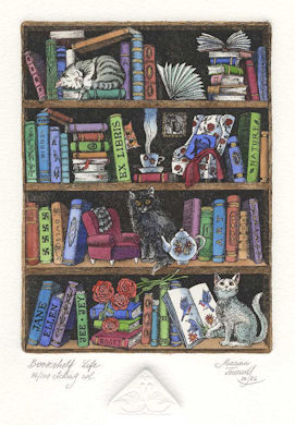 a bookcase that is holding books and cats