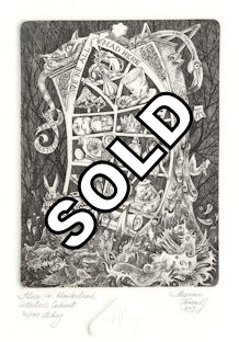 a collector's cabinet displaying alice in wonderland paraphernalia