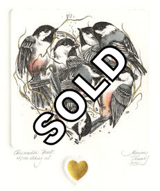original etching of a group of chickadees in the shape of a heart