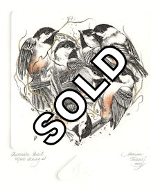 original etching of a group of chickadees in the shape of a heart