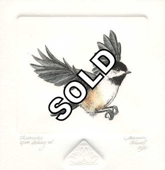 an etching of a chickadee flying 