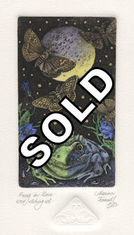 etching of a night scene of a frog who is in love