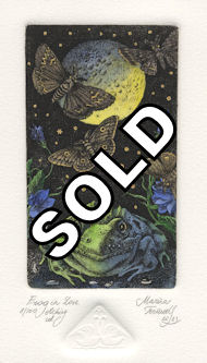 etching of a night scene of a frog who is in love