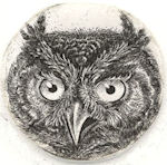 circular image of a great horned owl