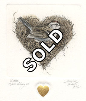 a chipping sparrow sitting in a nest that is shaped as a heart