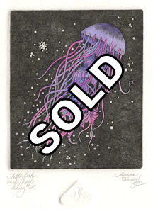 original etching of a jellyfish underwater