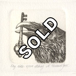 etching of a raven holding an old fashion key