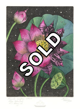 etching of a lotus plant that has become urbanized