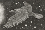etching of the Memory raven (Munin from Norse mythology)