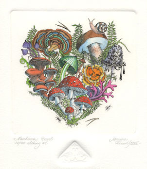 a fine art etching of an assortment of mushrooms in the form of a heart