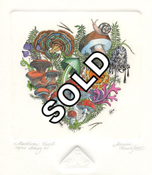 a fine art etching of an assortment of mushrooms in the form of a heart