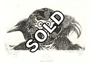 fantasy art featuring opposing faces of a raven and woman disguised as a raven