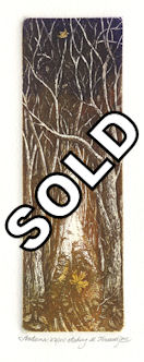 etching of a autumn scene of a trail through a woods