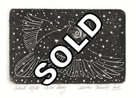 etching of an flying owl forming an imaginary constellation