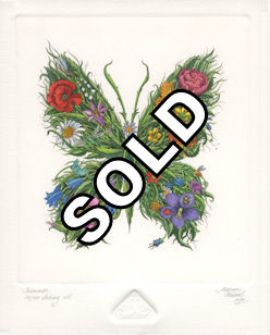 etching of a fantasy butterfly composed from wildflowers