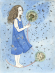 girl blowing on a matured dandelion with seeds all over the place